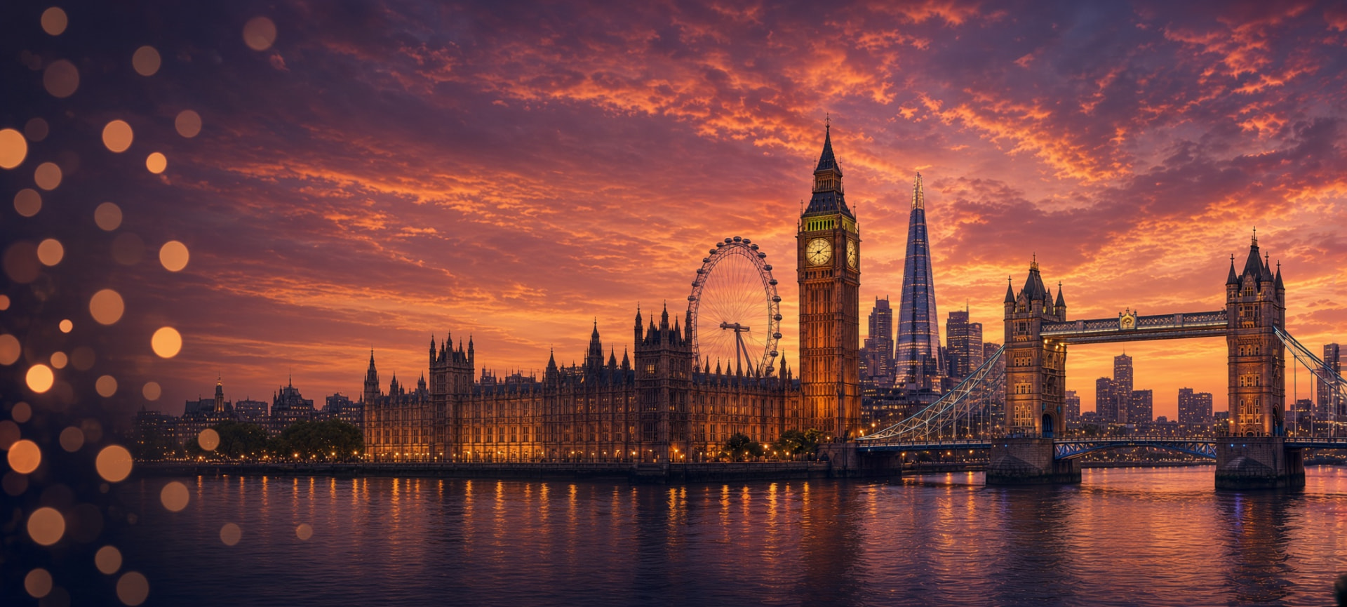 London skyline at sunset with Big Ben, the London Eye, the Shard and Tower Bridge