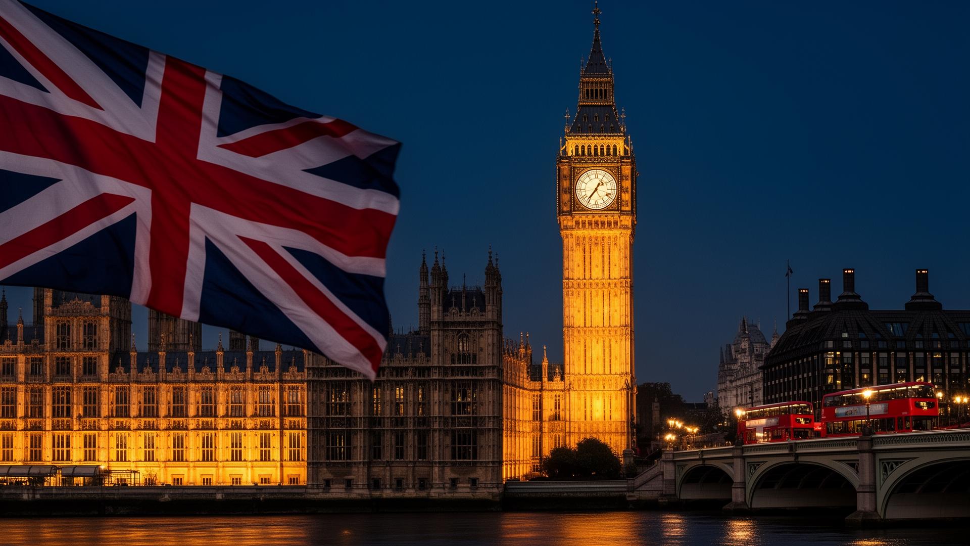 Big Ben at dusk with the Union Jack